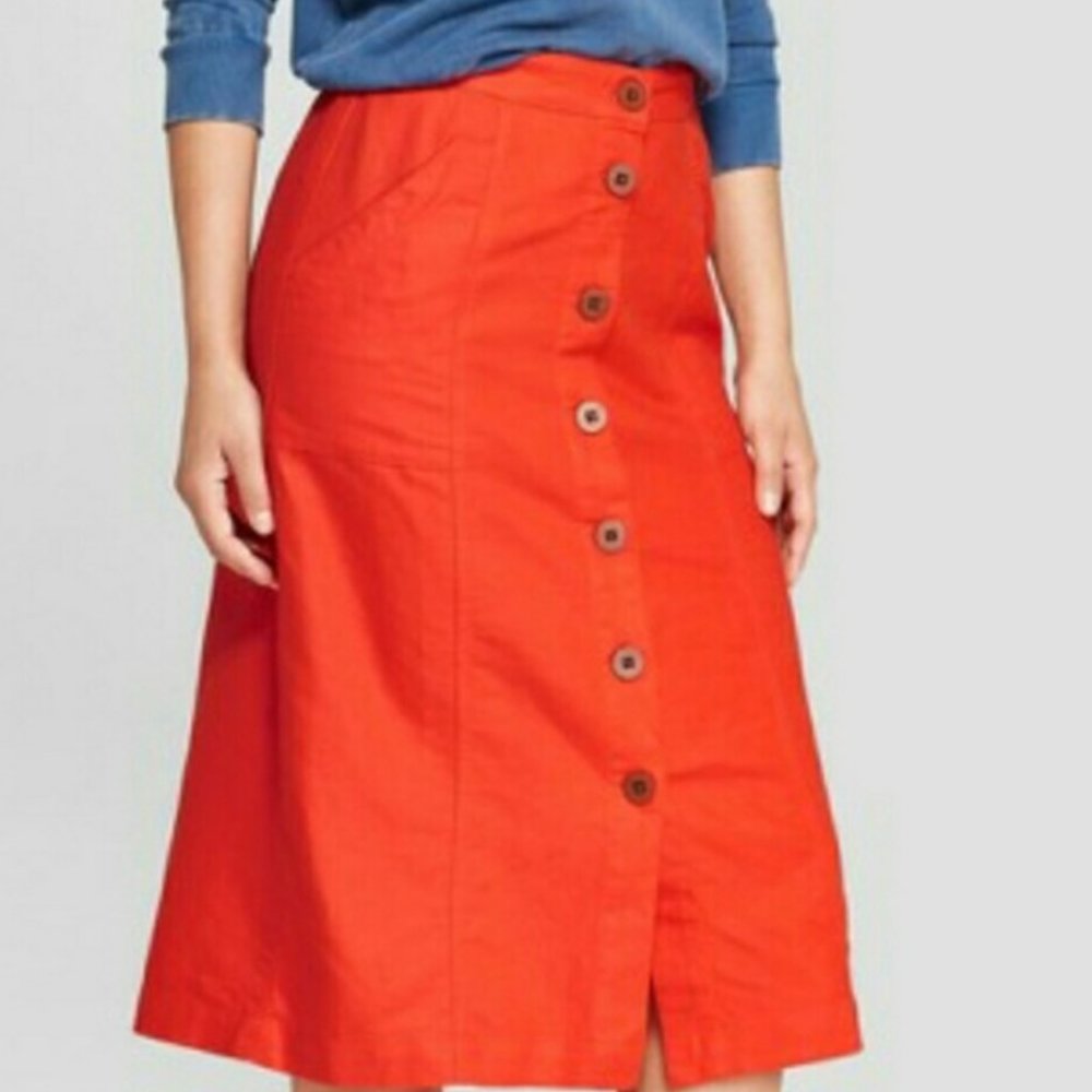 Universal Thread Red Buttoned Linen Blend Midi Skirt